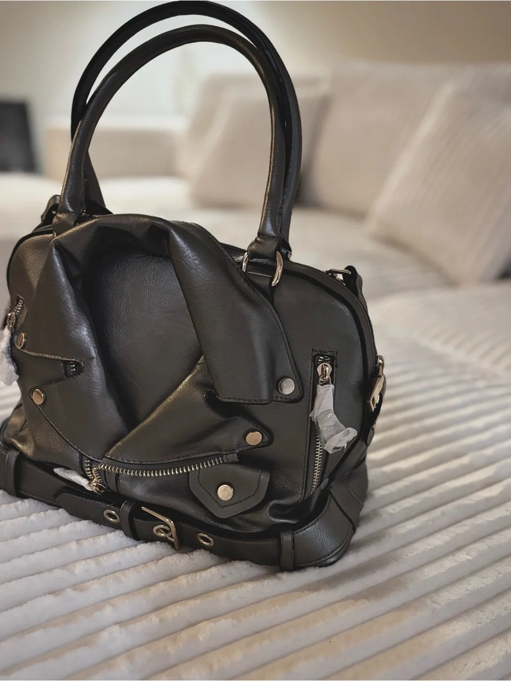 LA MIEL Grey Moto-Style Satchel with Belt Detail